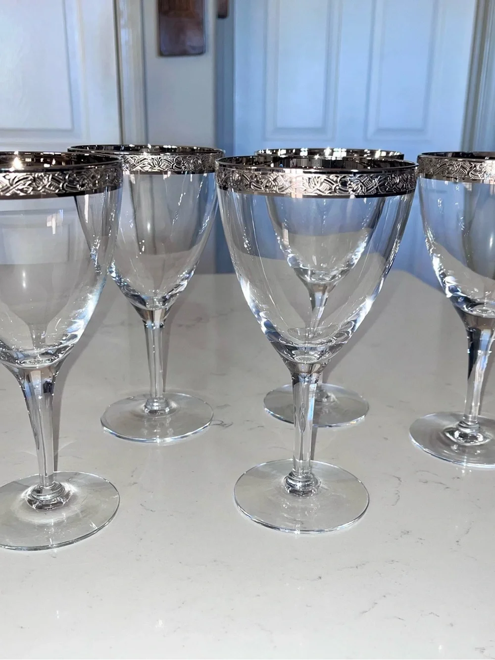 Vintage 1960’s Fostoria Mantilla Platinum Rims wine water glasses set of 5